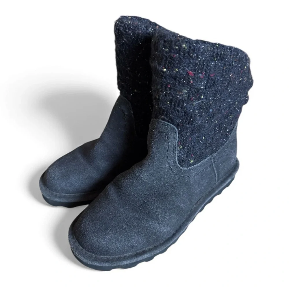 Bearpaw Suede Knit Winter Boots Slip-On Warm Cozy Lounge Pull-On Navy Size 6
